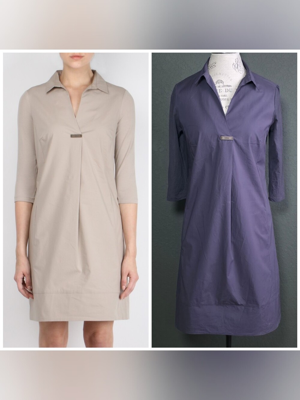 Peserico Shirt Dress, Size 42 Collared V-neck Long Sleeve Tunic Dress Blue/Gray